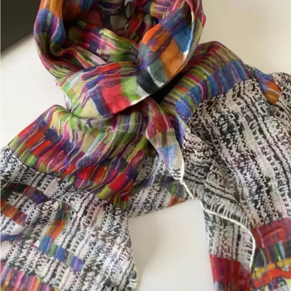 Auth Chanel Multicolor Cashmere Modal Silk Blend Striped Wrap Shawl Stole Scarf